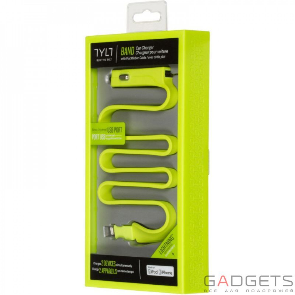 Фото Автомобильное зарядное устройство TYLT Band Car Charger Lightning+USB, 2.1А Green 0.6 m (IP5-BANDG-T)